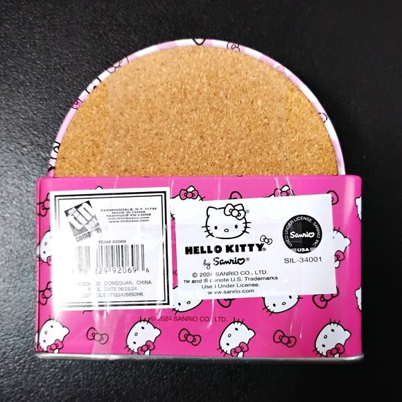 NEW! Hello Kitty Cute Pink & White Striped 7 Pc Tin & Cork Coaster Set - Picture 2 of 2